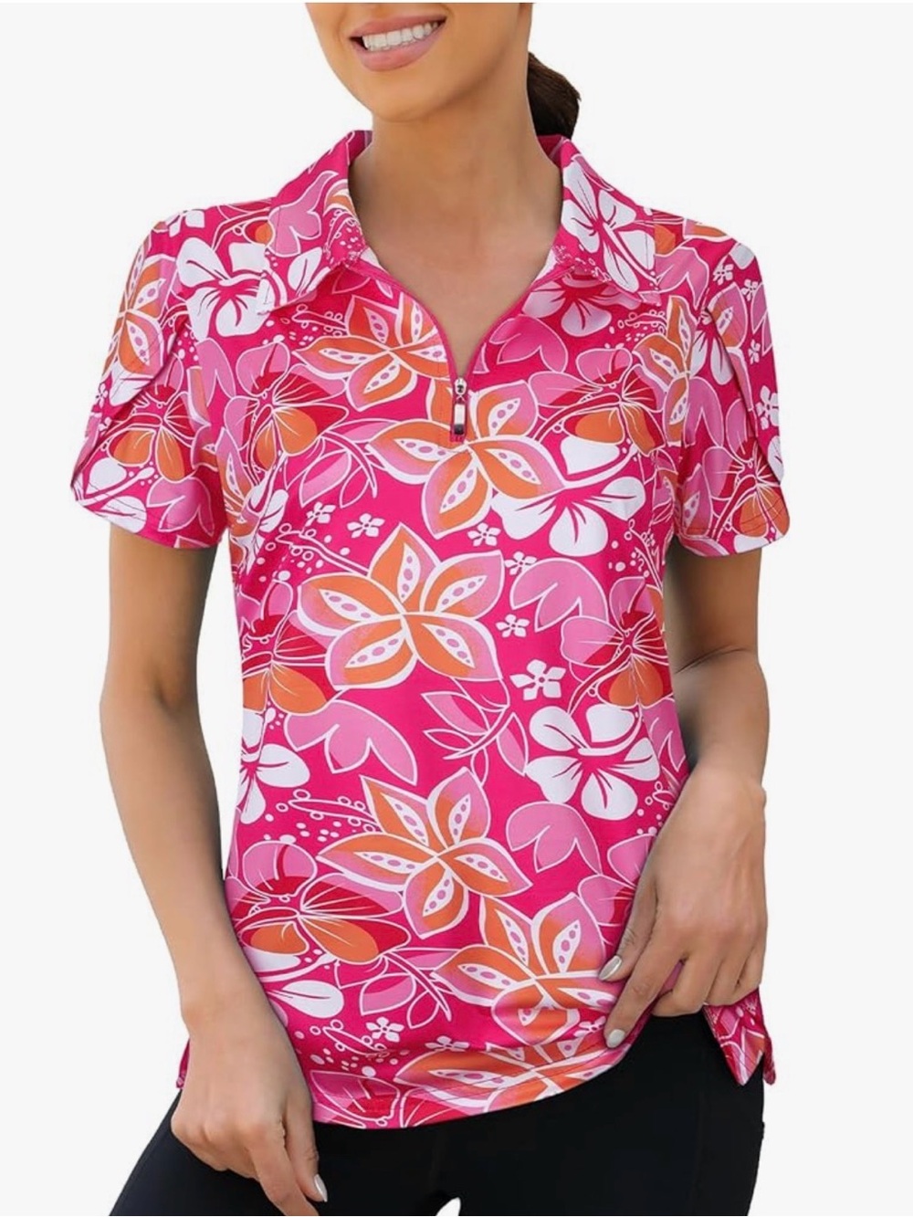 Women’s floral golf polo - pink/orange floral